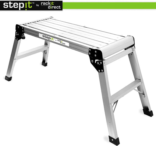 StepIt 150kg Lightweight Aluminium Work Platform, Folding Step Up/Hop Up Platform - 1130x520x420 - Working 2 Step Up Ladder With Secure Lock, High Capacity Maximum Weight Bench, EN131 Certified - RackitDirect