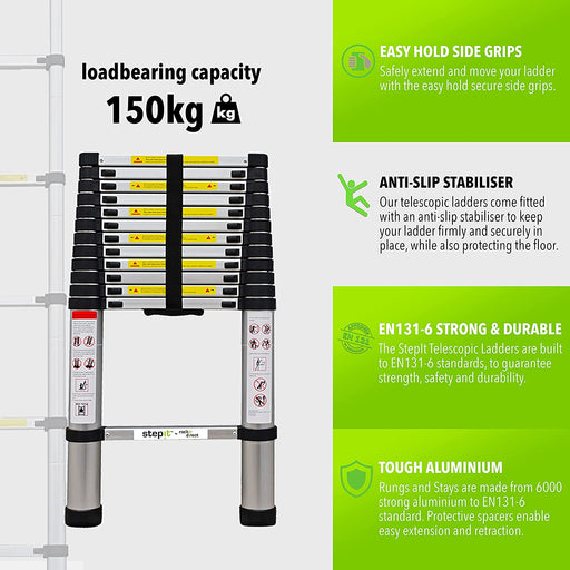StepIt 3.8m Multi-Purpose Telescopic Ladder with 150kg Capacity - EN131-6 Certified Aluminium Extendable Folding Ladder with 3-Year Warranty - Versatile Telescopic Step Ladder for Home Use - RackitDirect